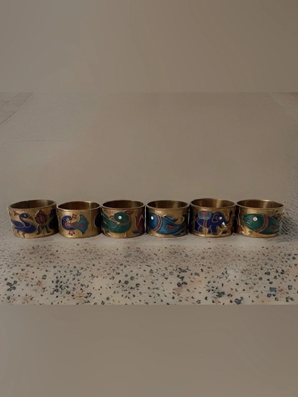 VTG Enamel And Copper Cloisonné Napkin Rings Set Of 6 Birds Fish Elephant Floral